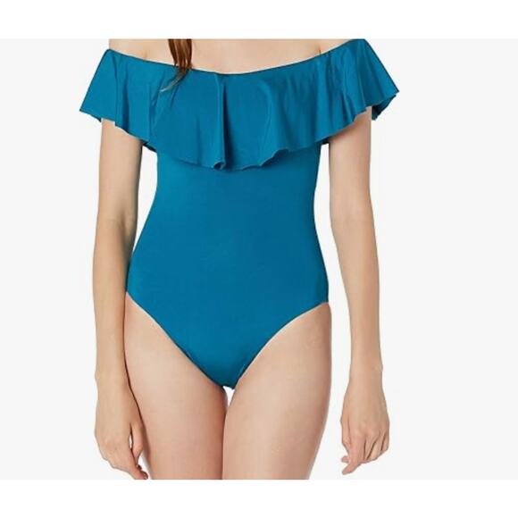 Trina Turk Off Shoulder Ruffle One Piece Swimsuit Teal Blue Size 6 - Picture 1 of 7
